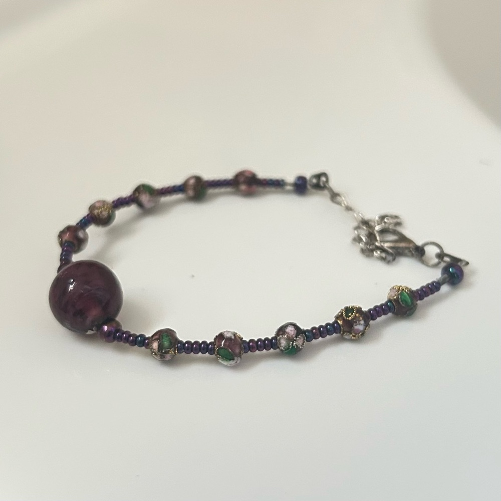 Handmade Purple Glass Bead Bracelet (9”)